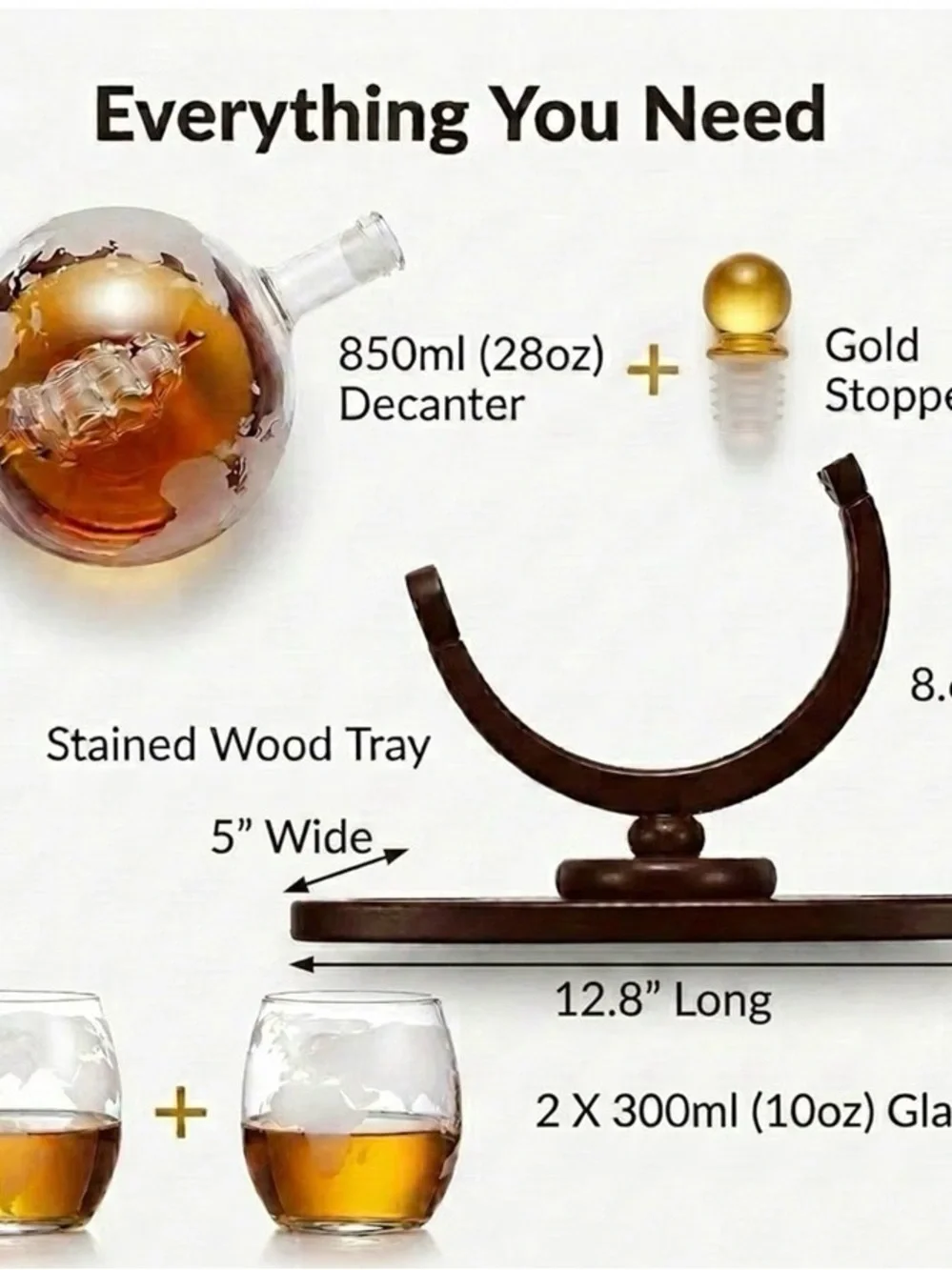 Godinger Voyages Decanter Set with Dark Wood Stand and Etched Globe Glasses